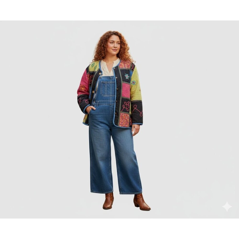 Vintage Sarah Studio Linen Blazer Jacket‎ Large Quilted Patchwork Cottage Granny